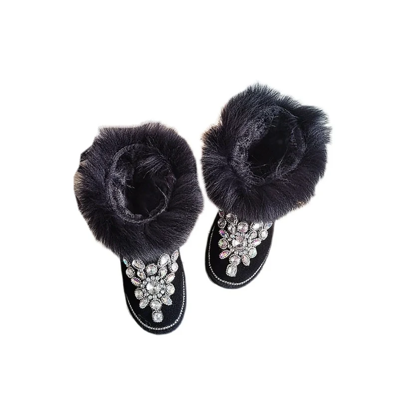 Handmade Custom Black Fur Luxury Rhinestones Snow Ankle Boots Woman Winter 2022 New In Crystal Diamonds Warm Plush Winter Shoes