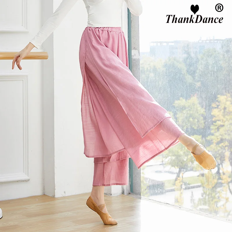 

Китайский народный танец, классические танцевальные брюки, женские свободные широкие брюки, 2-слойная танцевальная одежда с боковым разрезом, большие размеры