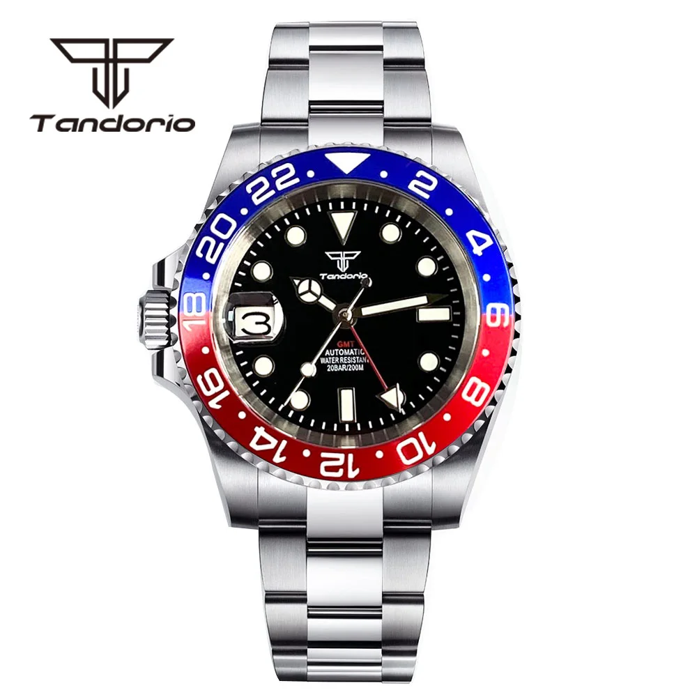 Tandorio GMT NH34A Left-Handed Screw Crown 20Bar Stainless Steel Automatic Dive Watch for Men Sapphire Glass Rotating Bezel Date