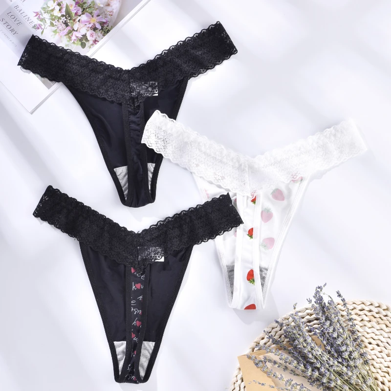 3PCS/set plus size women's ice silk sexy lace women's thong cool, breathable and comfortable silky underwear 1XL-4XL printed cut