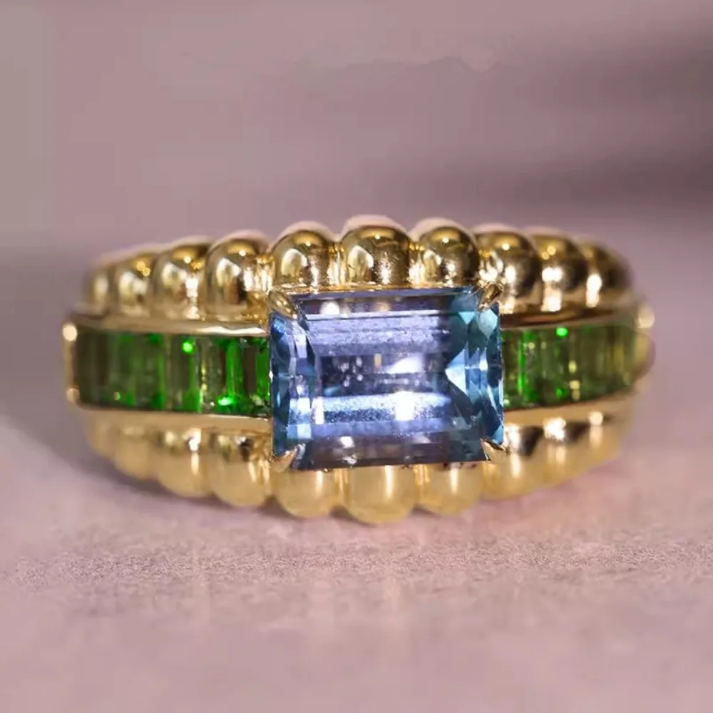 Luxury Vintage Gold Tone Beaded Geometry Light‑Blue Green 5A Zircon Inlay Rings Earrings Set for Women Exoticism Jewelry Sets