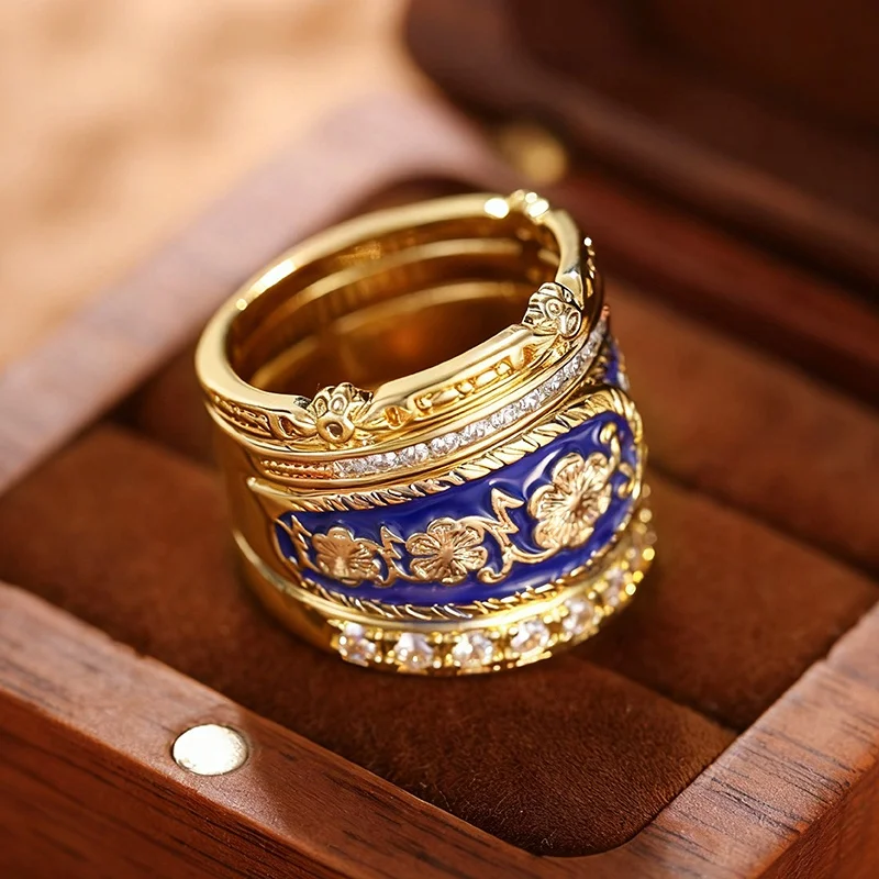 Anillos Anchos de Lujo Huitan en Color Dorado con Circonita Cúbica Brillante, Estilo Vintage, Hermosos Accesorios para los Dedos, Joyería Noble para Fiestas