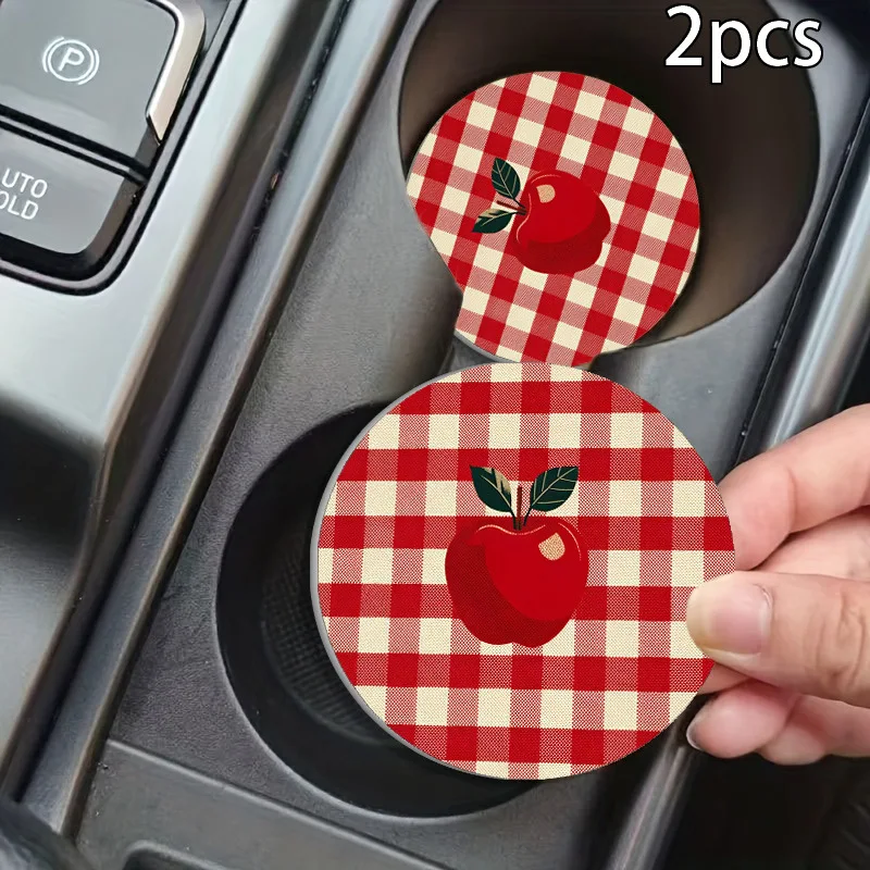 2Pcs Farmhouse Red Gingham Plaid Red Apple Pattern Leather Car Cup Holder Coasters, Anti Slip Base Waterproof Washable Auto Inte