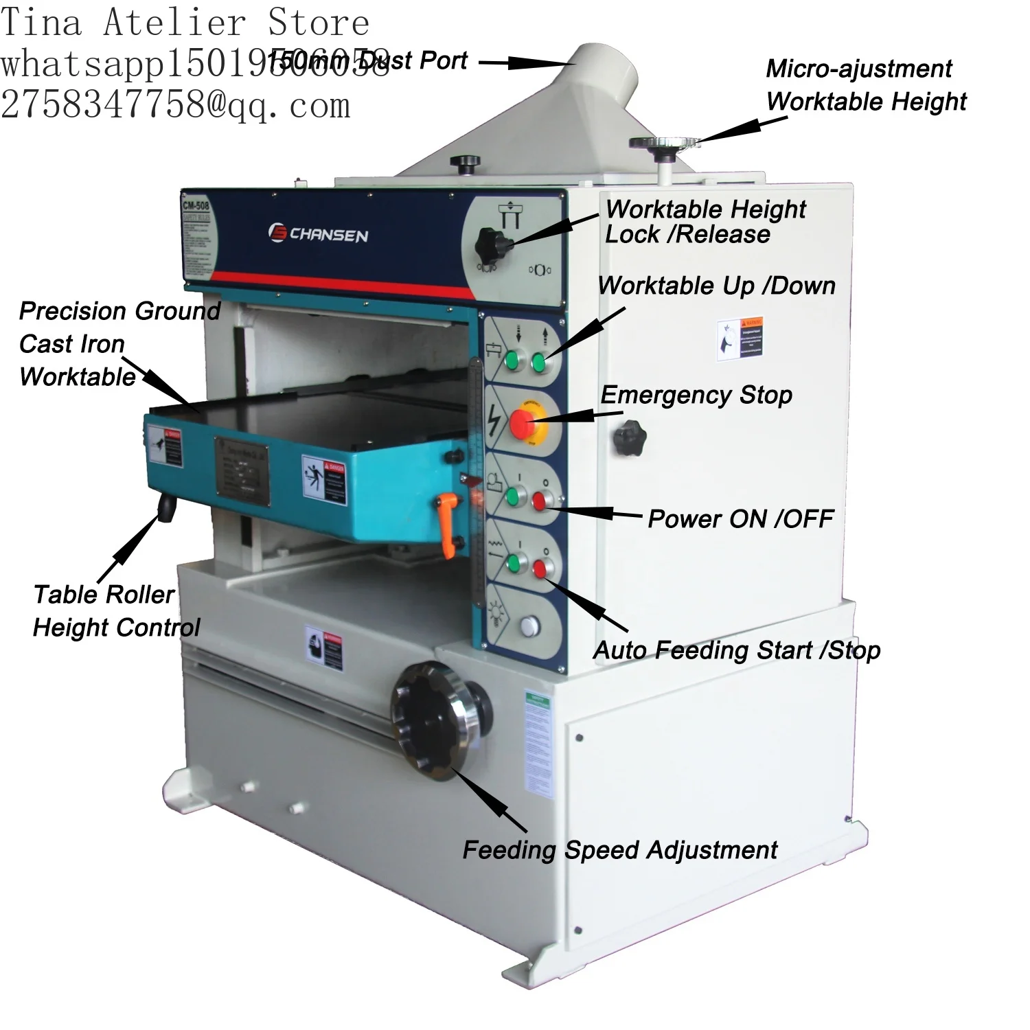 Chansen CM-609 24inch 10HP High-Accuracy Industrial Wood Planer Thicknesser with 4 HSS Straight Blades