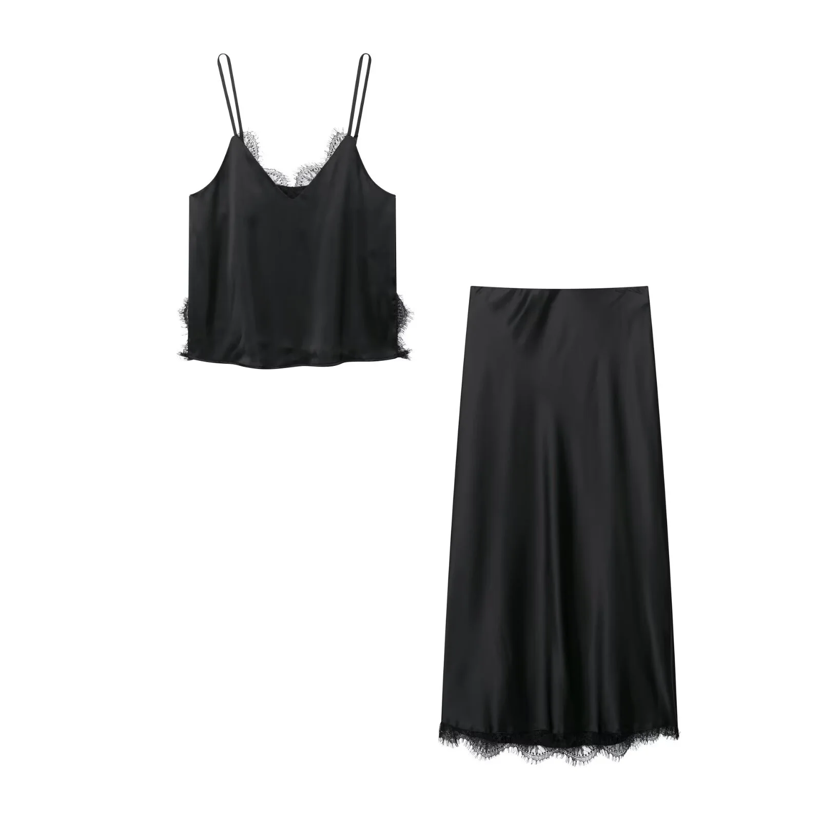 

2023 женский летний новый атласный топ на подтяжках с кружевной отделкой + атласная юбка средней длины с кружевной отделкой