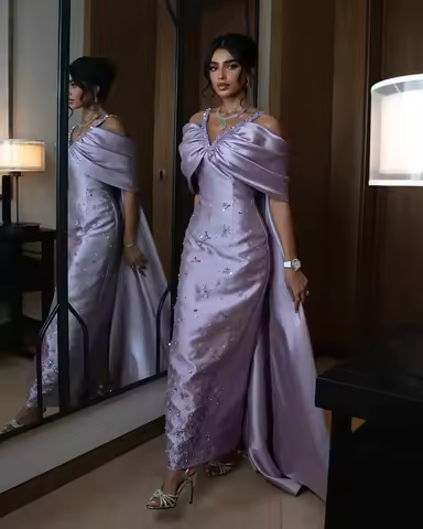 Customized Exquisite Crystal Off The Shoulder Satin Evening Dress Fashion Straight Ankle-Length V-Neck Half Sleeves Party Dress