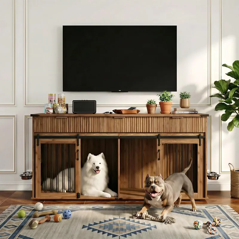 71 Double Dog Crate Furniture Large Dog Kennel Indoor with 360 Rotating Feeders and Removable Divider XXL Wooden Dog Cage