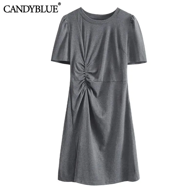 

Gray Solid Round Neck Asymmetrical Shirring High Waist A-Line Cotton Women's Dress Chic Elegant Mini Short Dresses For Women