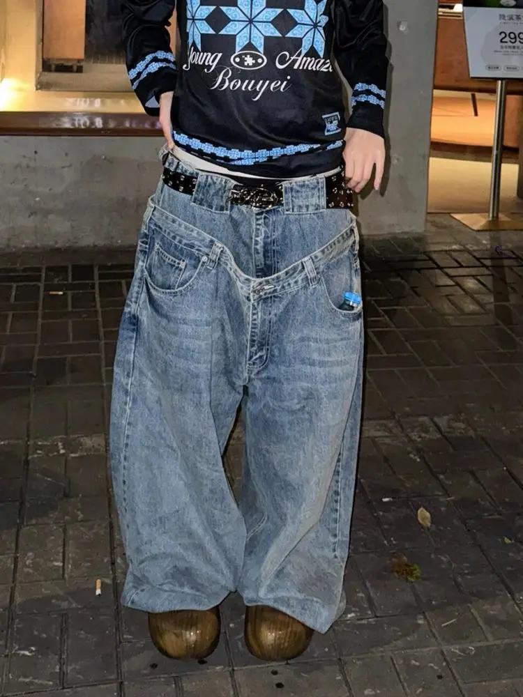 

Женские джинсы с двойной талией в американском ретро-дизайне, новинка осени 202, свободные широкие брюки Spice Girls, мешковатые джинсы