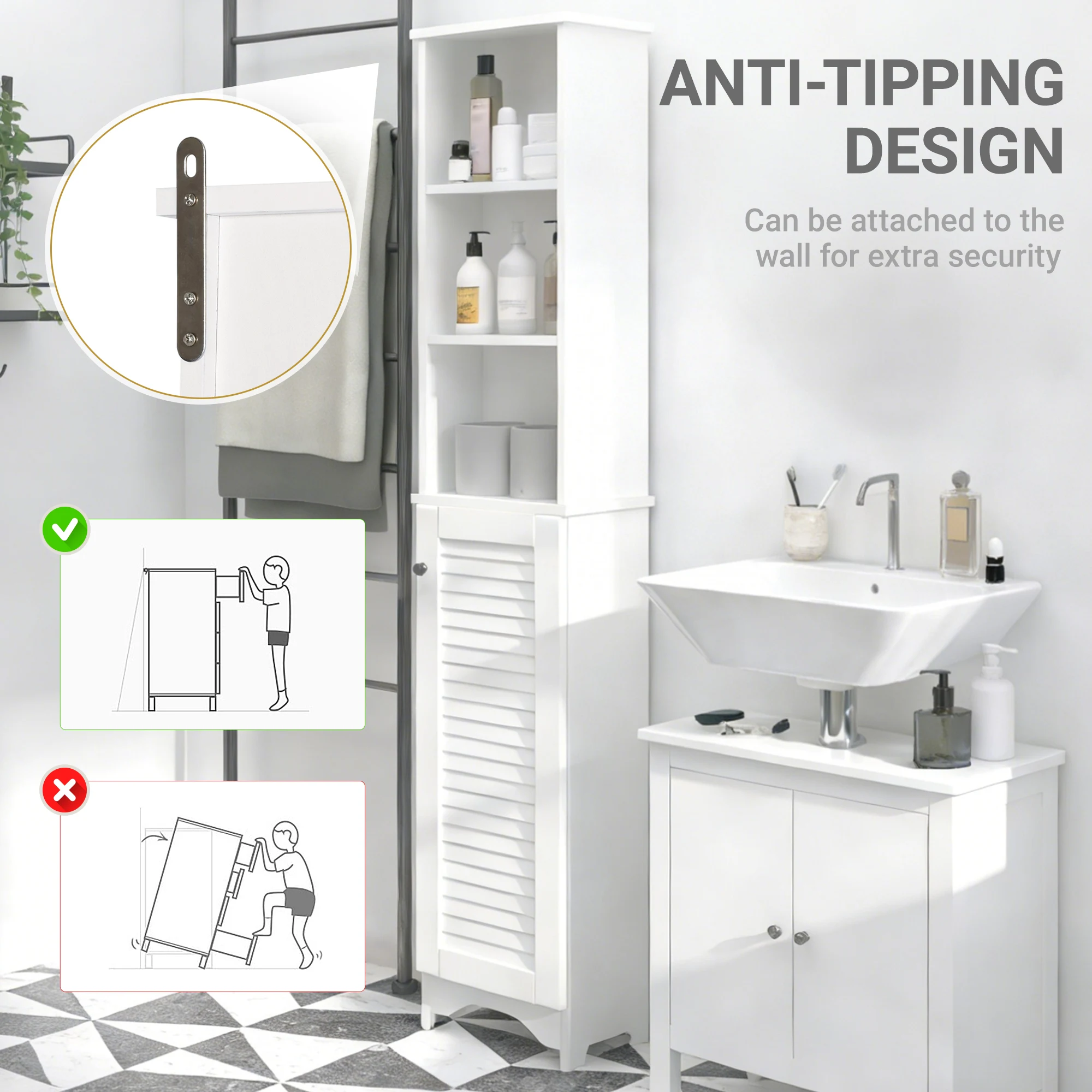 HOMCOM 165cm Freestanding Slimline Bathroom Storage Cabinet w/ 6 Shelves White