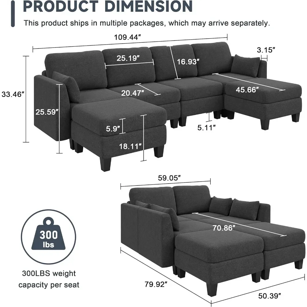 Modular Sectional Sofa, Convertible U Shaped Sofa Couch with High Density Memory Foam, 6 Seat Comfy Modular Sofa Couch