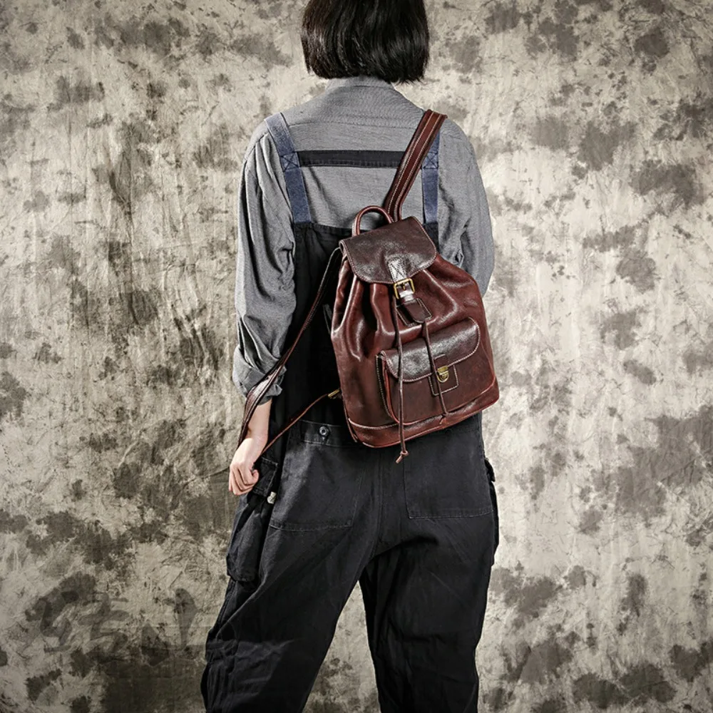 Cowhide oil wax first layer cowhide backpack retro tree paste leather handmade travel bag vegetable tanned leather backpack