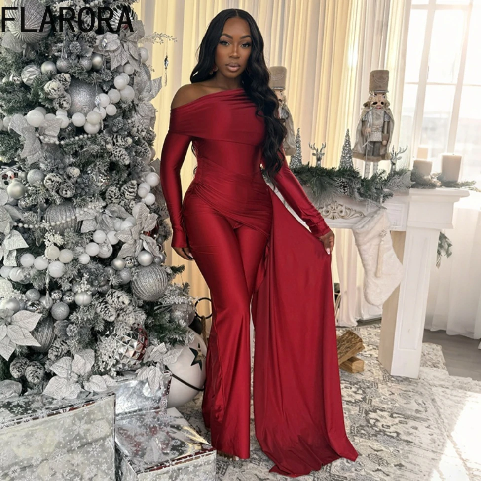 จั๊มพ์สูท FLARORA ดีไซน์หรูหรา แต่งผ้าริบบิ้น ตัดเย็บแบบแพทช์เวิร์ค สำหรับผู้หญิง สไตล์เก๋ไก๋ ไหล่เฉียง จับจีบ กระชับรูปร่าง เหมาะสำหรับงานเลี้ยง ออกงาน หรือกิจกรรมต่างๆ