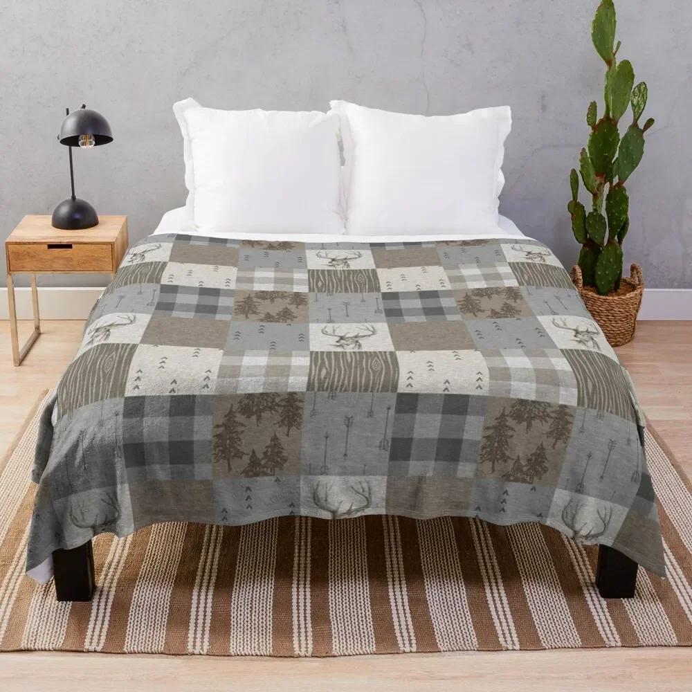 Deer Patchwork - Rustic Neutrals Throw Blanket Shaggy blankets ands Plush Weighted Blankets