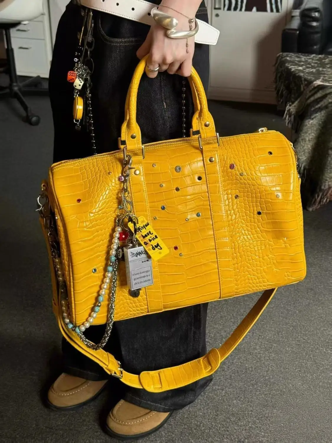 Tote Bag Women Crocodile Grain 2025 Fashion Vintage Diamond PU High-Capacity Shoulder Bag Handbag Euro-America Style