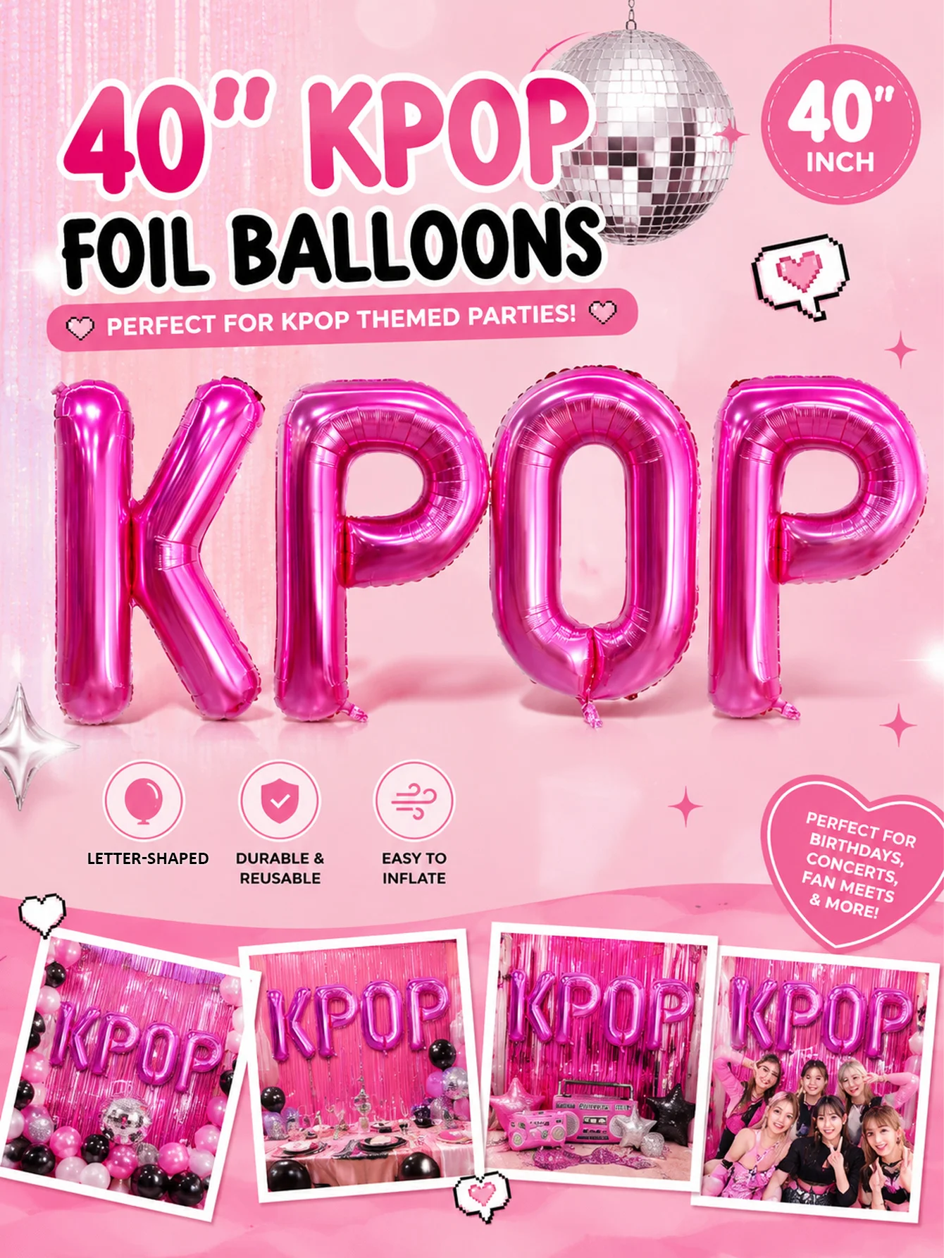 Photography Hacks - KPOPレターバルーン4個セット — K-POPをテーマにしたパーティー、誕生日のお祝い（男の子と女の子）、ショートビデオの背景に最適です。