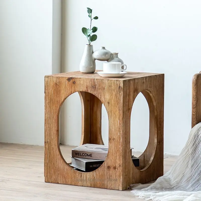 Solid Wood Hollow Coffee Table for Living Room, Movable Tree Stump Side Table for Homestay, Carved Wooden Stool for Balcony