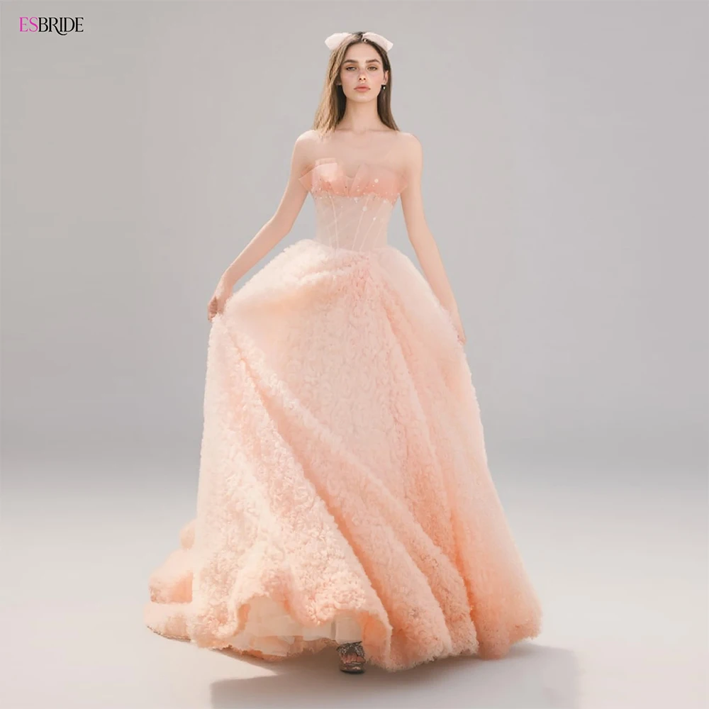 ESBRIDE Abito da sera con top a tubo in chiffon rosa chiaro Abito da sera con gonna lunga gonfia a pieghe tridimensionale in vita sottile personalizzato