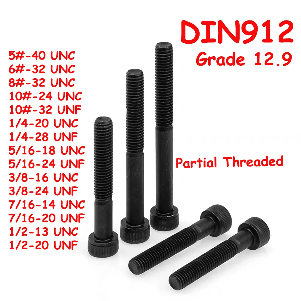 

Yiqianyuan 5# to 1/2'' UNC UNF DIN912 Grade 12.9 Alloy Steel Black Hex Socket Knurled Cap Head Bolts Allen Key Partial Threaded