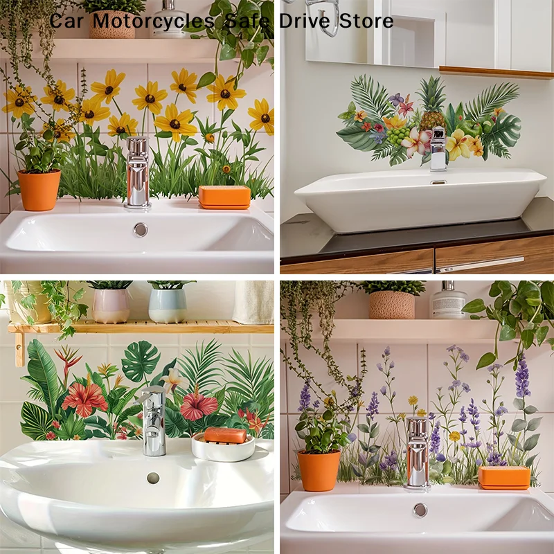 【M】Fresh Floral Pattern Bathroom Wall Sticker Self-Adhesive Removable Waterproof Sink Area Background Creative Wall Decoration