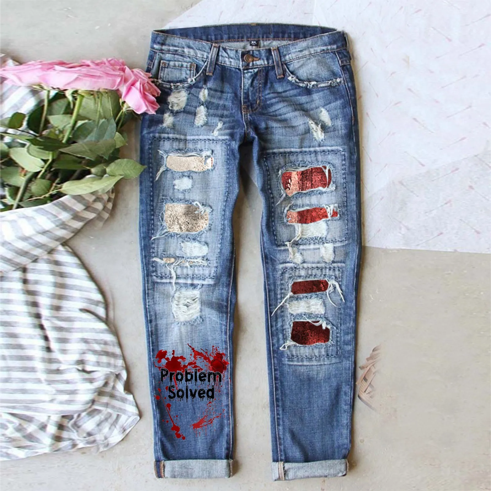 

Street Vintage Y2K Denim Baggy Straight High Trouser Floral Korean Waist Print Fashion Leg Blue Pants High Jeans Women's Wide