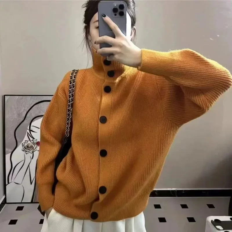 

Осенне-зимний вязаный кардиган, женский утолщенный свободный свитер с воротником в ленивом стиле, пальто, однотонный топ