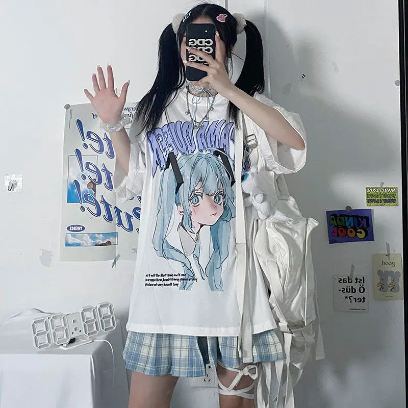 女性用半袖ラウンドネックTシャツ,上質な漫画のプリントブラウス,女性用アーバンウェア,ルーズスタイルの婦人服