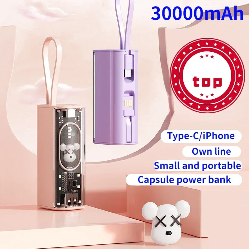 

30000mAh Mini Power Bank Fast Charger Built-in Cable Portable External Backup Battery Fast Charging for iPhone Samsung