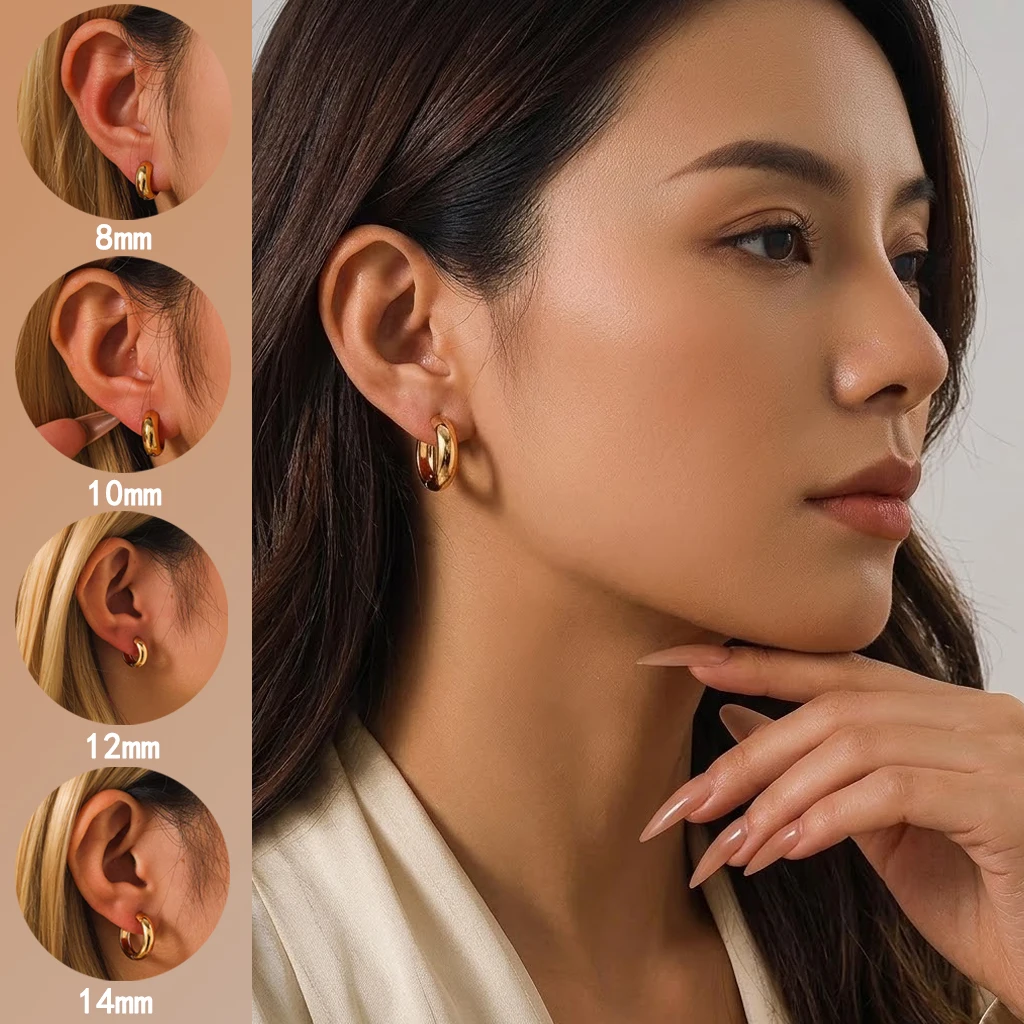 1 Pair Chunky Hoop Earrings Hypoallergenic Stainless Steel Minimalist Thick Tube Huggies 8/10/12/14mm Everyday Jewelry