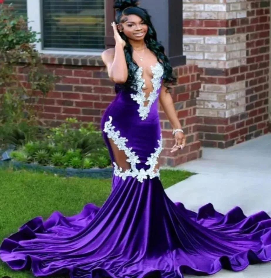 Sexy African Purple Prom Party Dress Sheer V-neck Lace Appliques Satin Evening Formal Gown For Birthday Christmas Robe De Soriee