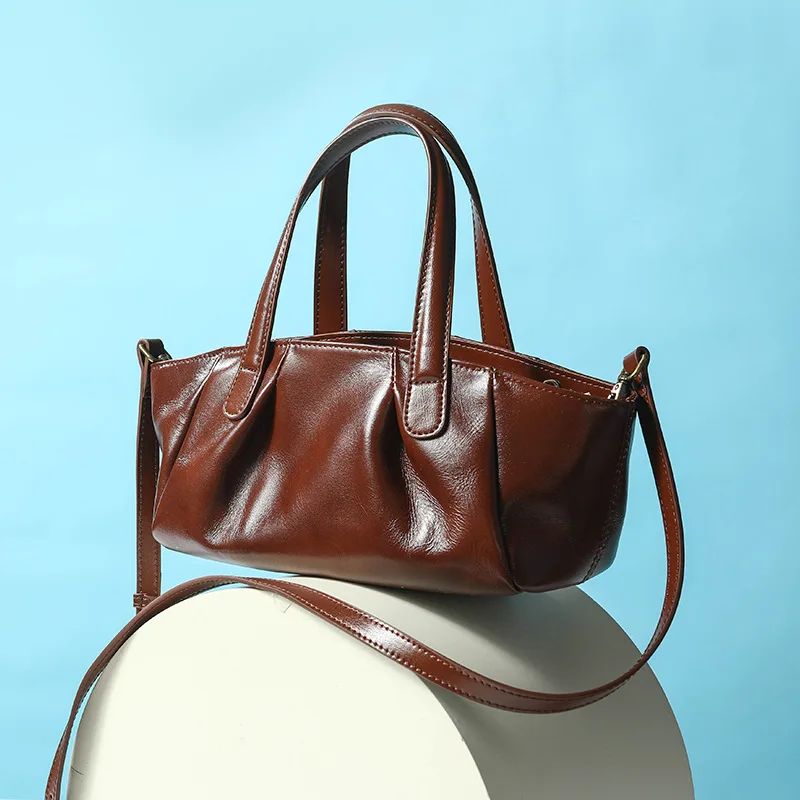 

New Genuine Leather Women's High-End Crossbody Niche Top Layer Cowhide Shoulder Fashion Versatile Bowling Bag