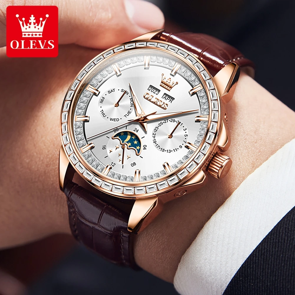 OLEVS 6695 Luxury Brand Men\'s Watch Waterproof Calendar Moon Phase Leather Watch Multi functional Automatic Mechanical Men Watch