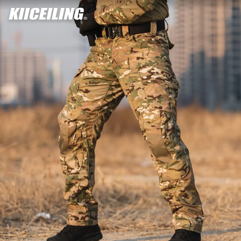 KIICEILING Cargo Pants Men Multicam Camouflage Assault Tactical Pants Work Uniform Water Repellent Ripstop Trousers