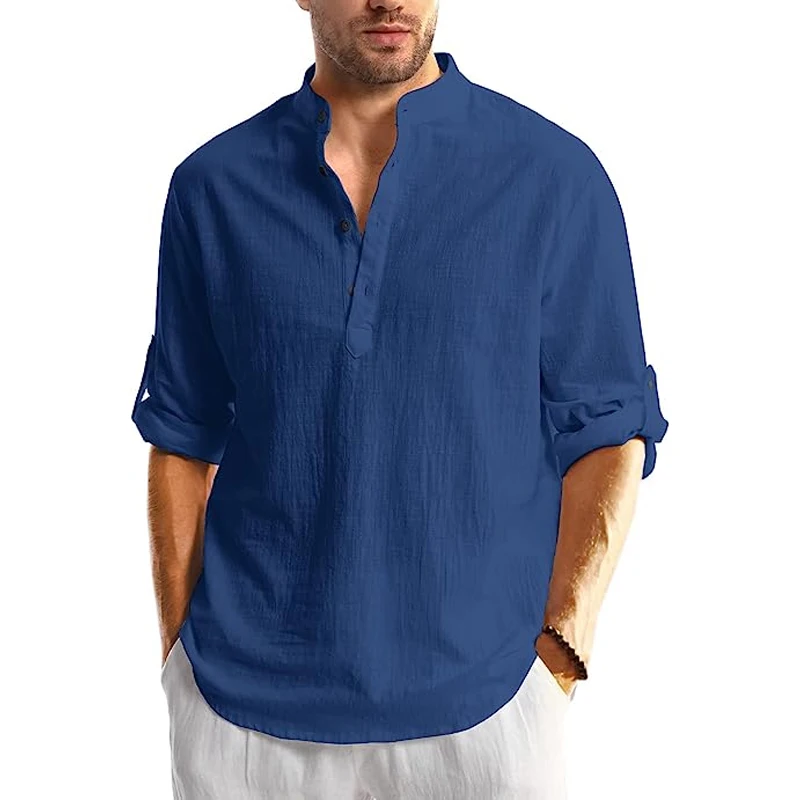 Men\'s Linen Button Down Shirt Long Sleeve Casual Button Up Beach Summer Shirts Banded Collar