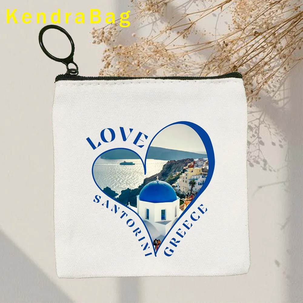 Athens Greece Santorini Oia Island Love Heart Landscape Ellas Greek Evil Eye Key Coin Purse Canvas Bag Pouch Wallet Zipper Gifts