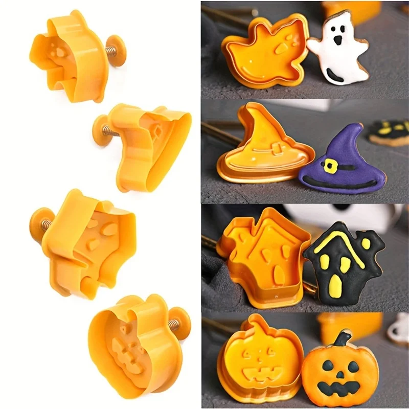 4Pcs/Set Halloween Plunger Cookie Cutter Ghost Witch Hat Pumpkin Biscuit Stamp Mold Fondant Embosser Party DIY Baking Tool