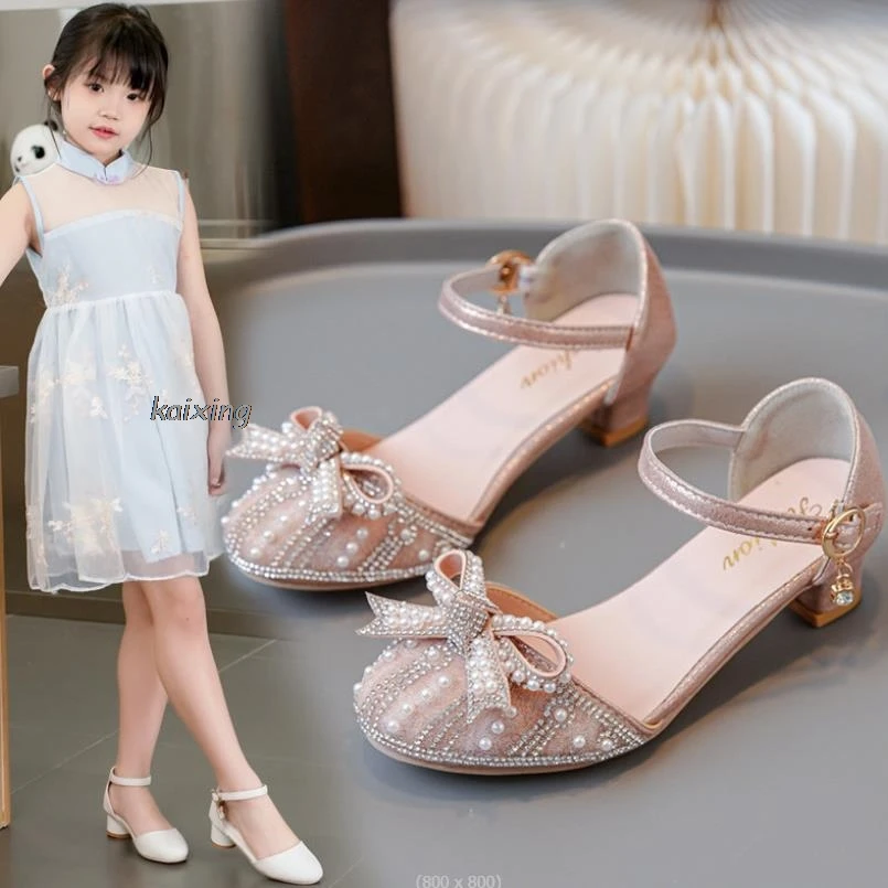 Little Girls Rhinestone Bow High-Heeled Sandals Princess Dancing Summer Pu Leather Shoe Big Girl 3 4 5 6 7 8 9 10 11 12 Year Old