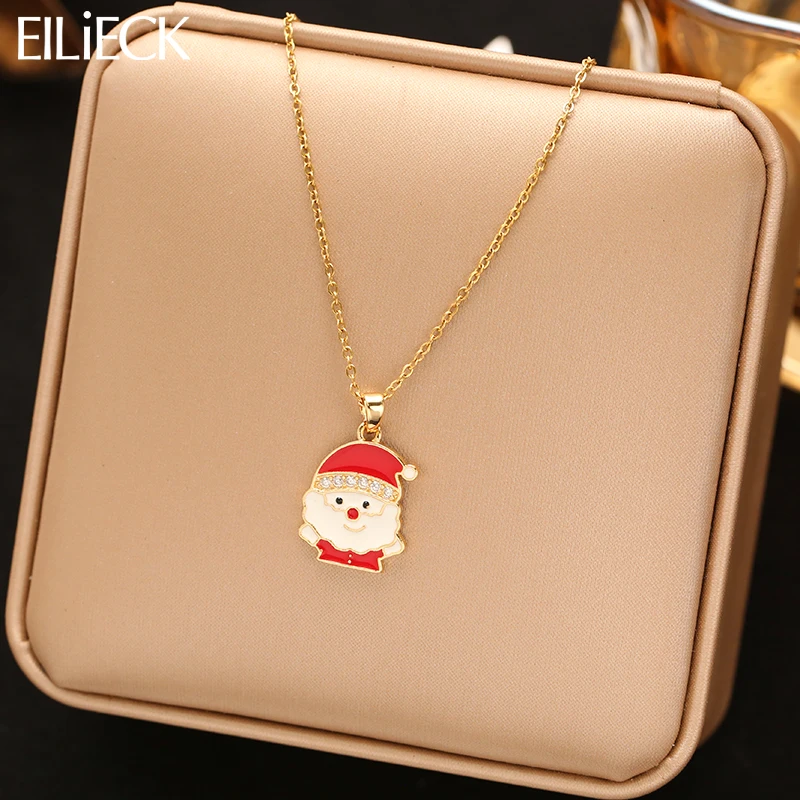 

EILIECK New Christmas Santa Claus Pendant Necklace For Women Fashion Stainless Steel Neck Chain Waterproof Jewelry Holiday Gift