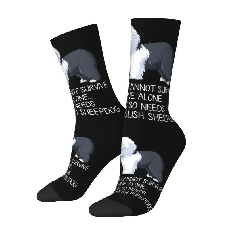 Funny Wine And Old English Sheepdog Male Dress Sock Men's Women's Breathable Fashion Novelty Dog Lover Crew Socks