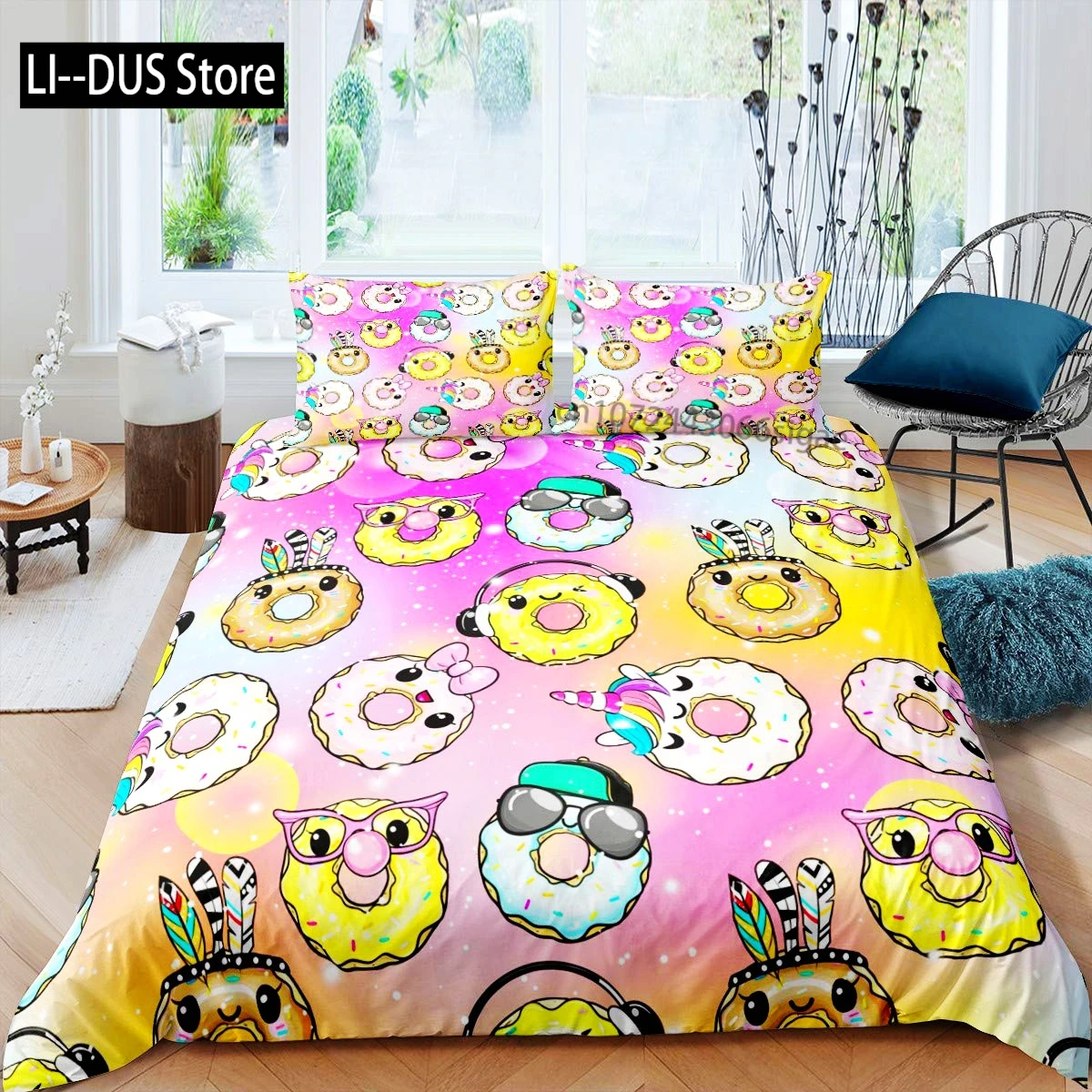 

Watercolor Duvet Cover Set, Delicious Pink Donuts Pattern, Decorative 3 Piece Bedding Set with 2 Pillow Shams, Queen Full Size