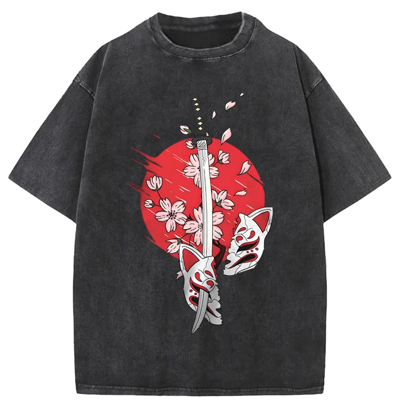 

Retro T-Shirts For Men 3d Japanese Samurai Sword Print Male Washed Clothing Street Harajuku Short Sleeved Tees Oversized T-Shirt