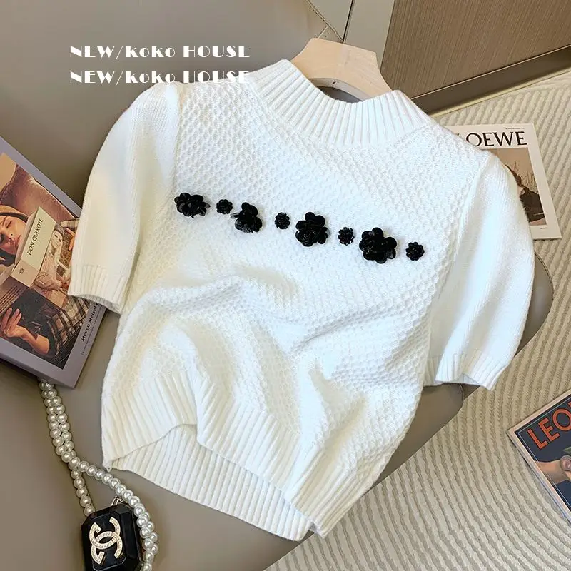 

Dongguan Daliang Women's ort Knitted Sweater f High Collar Bubble Sve 3D Flower Print Autumn Faion Casual Top