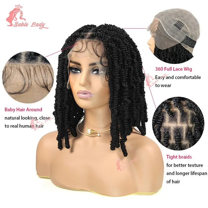 Sable Lady 12 "Synthetic Spring Twist Curly Wigs Braids Braided Wigs Bob Braid Wig Lace Front Goddess Short For Black Women