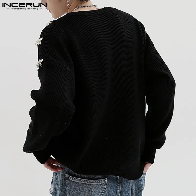 Men Casual T Shirt Solid Color Knitted O-neck Long Sleeve Hollow Out Tee Tops 2023 Streetwear Fashion Camisetas S-5XL INCERUN