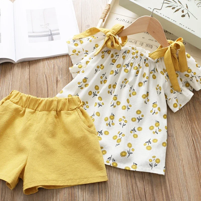 Casual Girls Clothing Sets Summer Kids Clothing Sets Sleeveless Floral T-shirt Shorts Pants 2Pcs Suit Bow Children Girl Suit