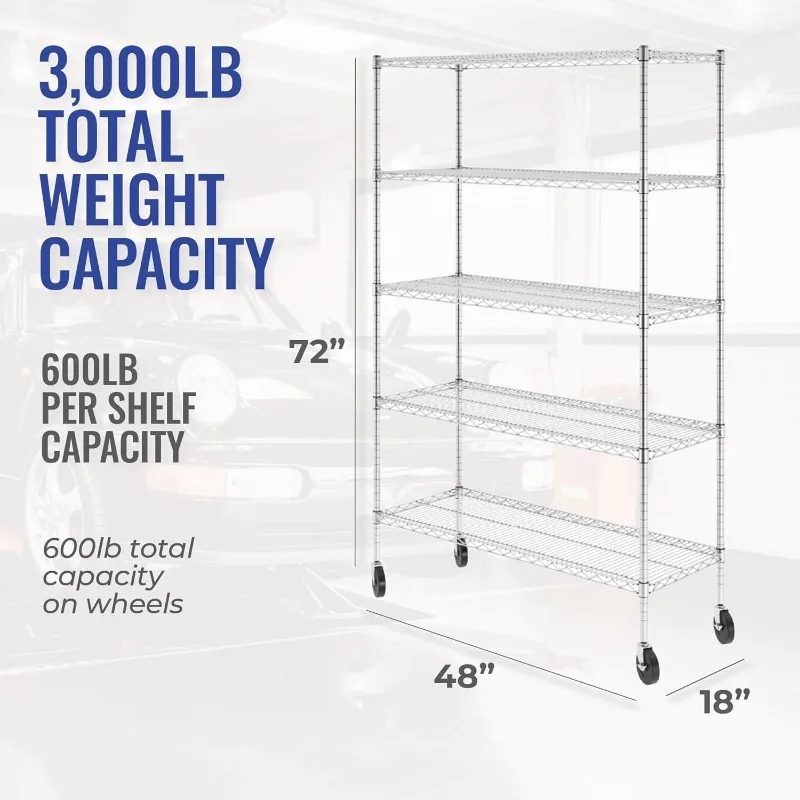 SafeRacks NSF Certified Storage Shelves, Heavy Duty Steel Wire Shelving Unit with Wheels and Adjustable Feet, Used as Pantry