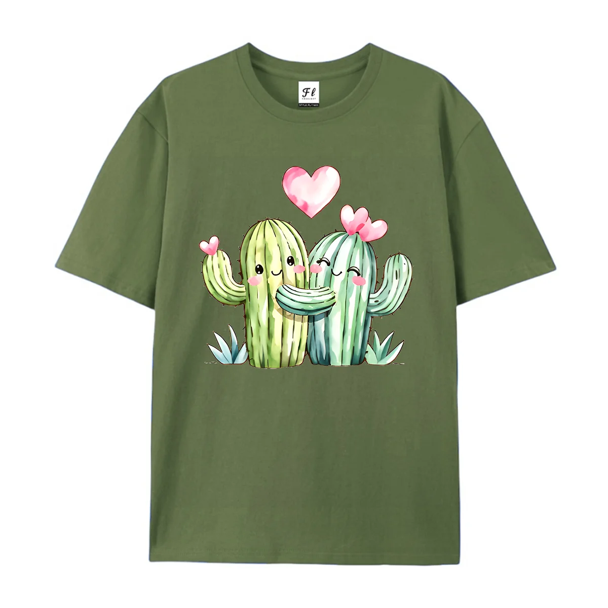 Women Summer Short Sleeve T Shirt Kawaii Cactus Couple Heart Graphic Print Crew Neck Loose Cute Watercolor Daily Basic Tops
