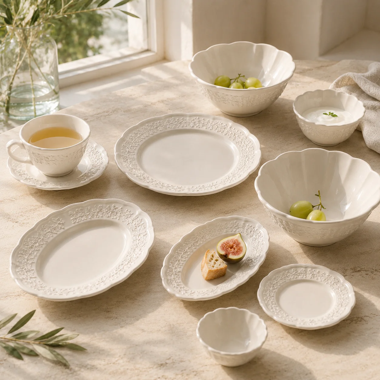 ColorValue French Vintage Embossed Ceramic Plates Bowls Cup and Saucer White Floral Lace Tableware for Dessert Pasta Salad