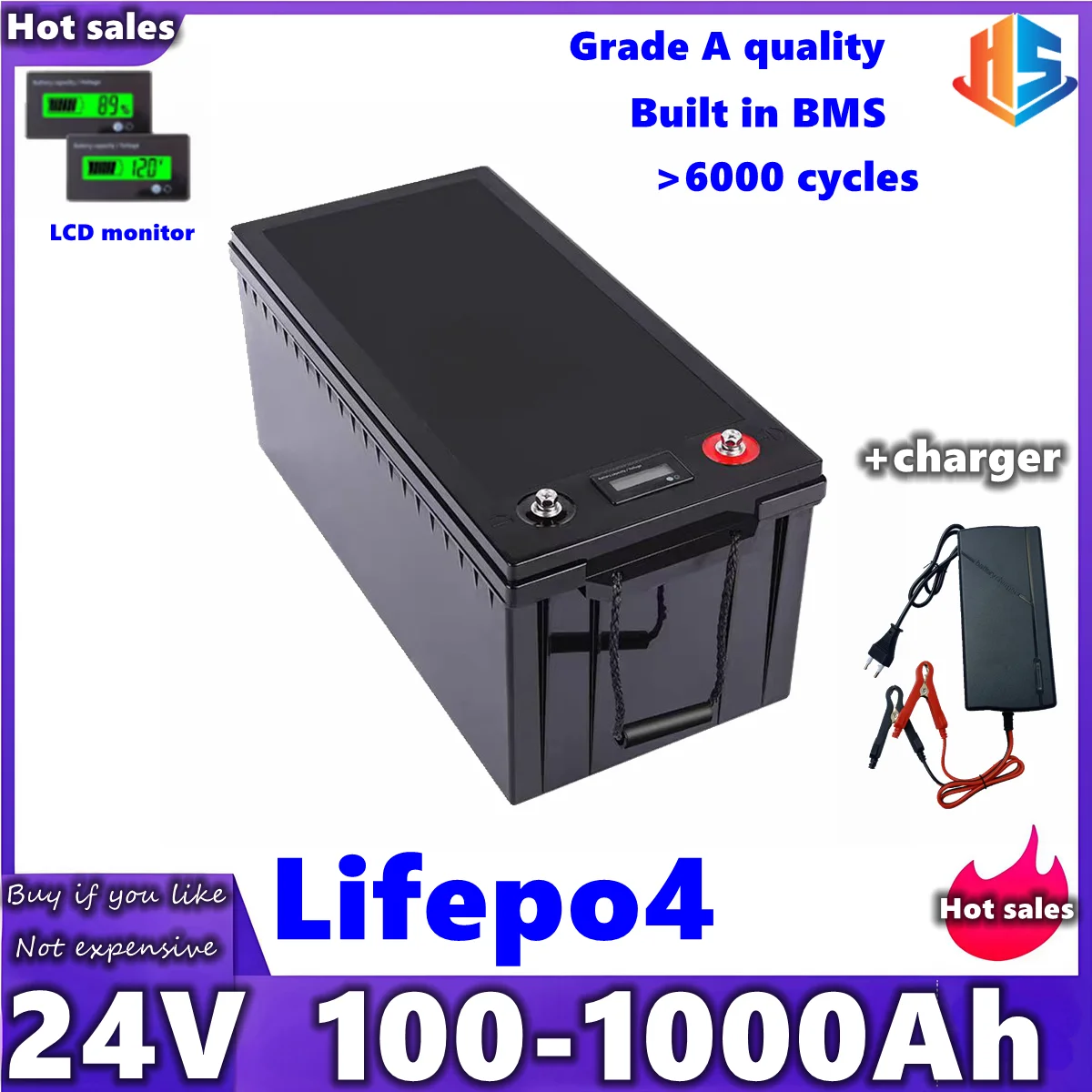 

HS 24V 100Ah Lifepo4 Battery 200Ah 300Ah 400Ah 500Ah 600Ah 800Ah 1000Ah Lithium Iron Phosphate for 2KW Solar System RV Outdoor