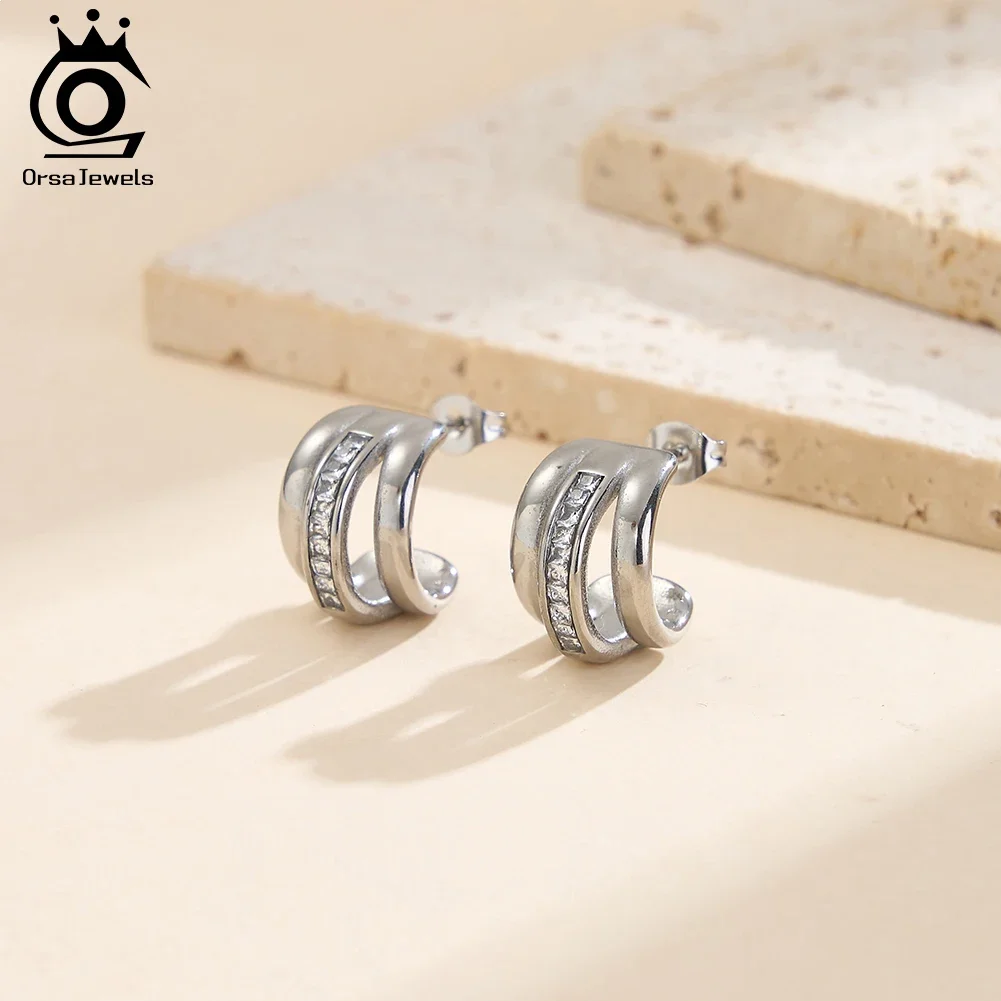 

ORSA JEWELS Stainless Steel Earrings Dainty Cubic Zircon Circle Earrings for Women Statement Party Waterproof Jewelry STKE27